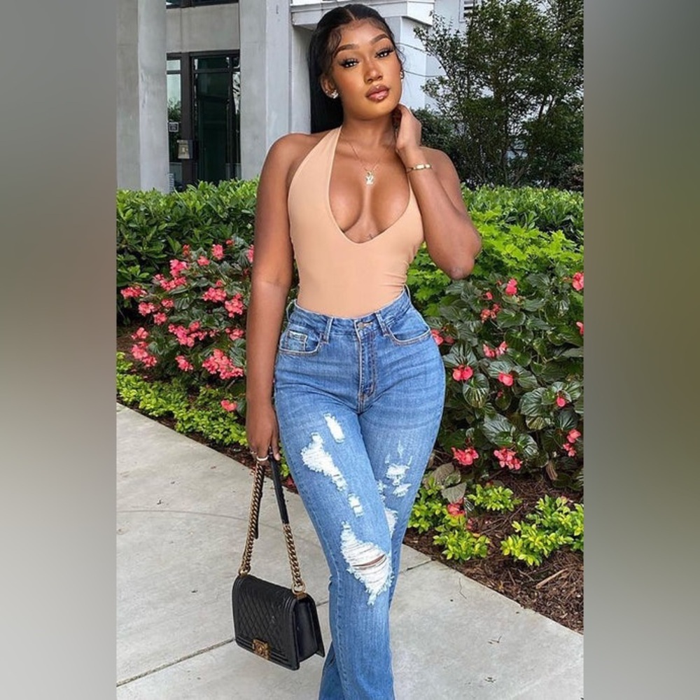 Fashion Nova Sleeveless Backless Bodysuits- white and brown set